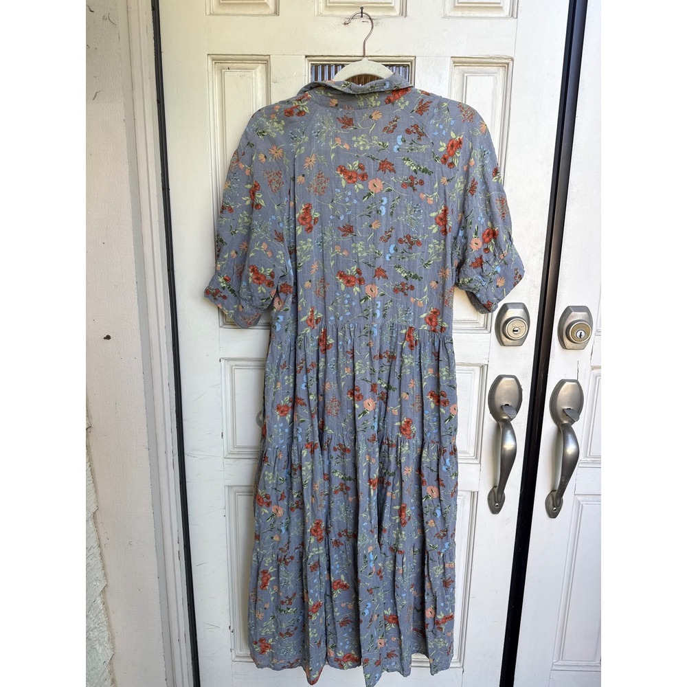 Natural Life Blue Floral Tiered Midi Dress Short Puff Sleeve Boho Size Large - Picture 2 of 7